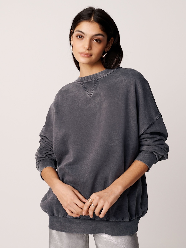 Charcoal Grey Oversized Relaxed Fit Longline Washed Crew Neck Sweatshirt - Image 1 of 6