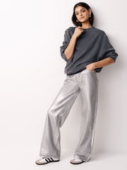 Charcoal Grey Oversized Relaxed Fit Longline Washed Crew Neck Sweatshirt - Image 2 of 6