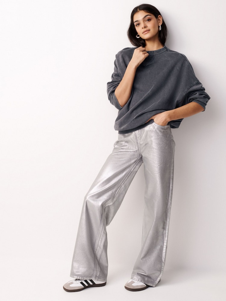 Charcoal Grey Oversized Relaxed Fit Longline Washed Crew Neck Sweatshirt - Image 2 of 6