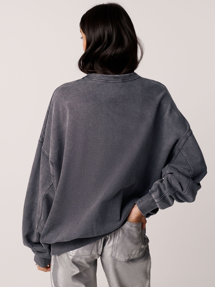 Charcoal Grey Oversized Relaxed Fit Longline Washed Crew Neck Sweatshirt - Image 3 of 6