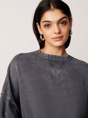 Charcoal Grey Oversized Relaxed Fit Longline Washed Crew Neck Sweatshirt - Image 4 of 6