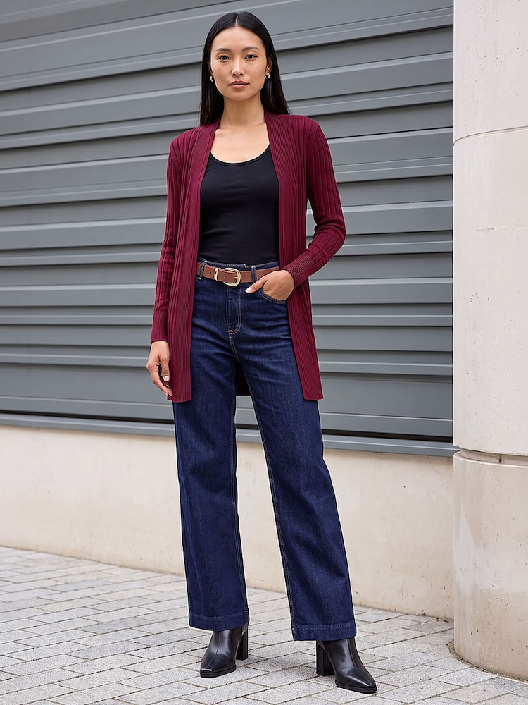 Roman Red Longline Stretch Ribbed Cardigan - Image 2 of 4 Roman Red Longline Stretch Ribbed Cardigan - Image 2 of 4