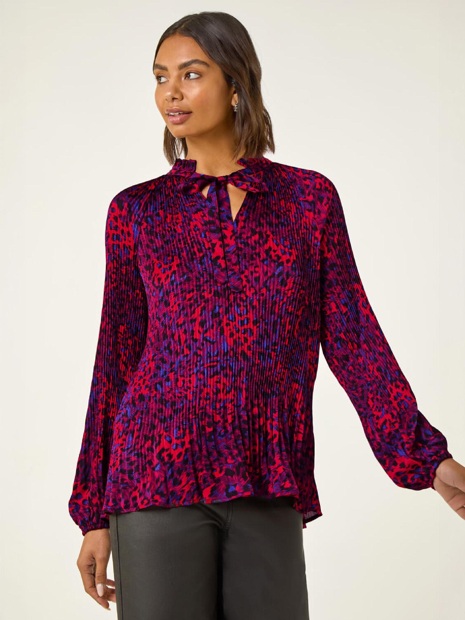Roman Women's Red Animal Print Tie Neck Pleated Top - Image 1