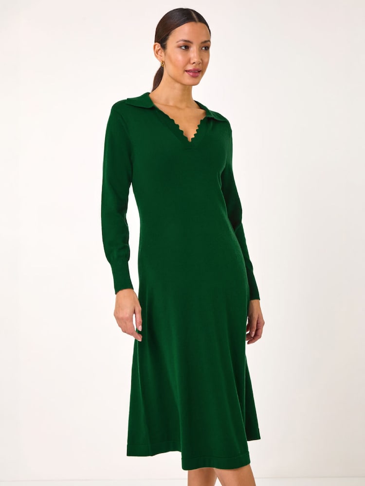 Roman Green Scallop Detail Knitted Midi Dress - Image 1 of 5 Roman Green Scallop Detail Knitted Midi Dress - Image 1 of 5