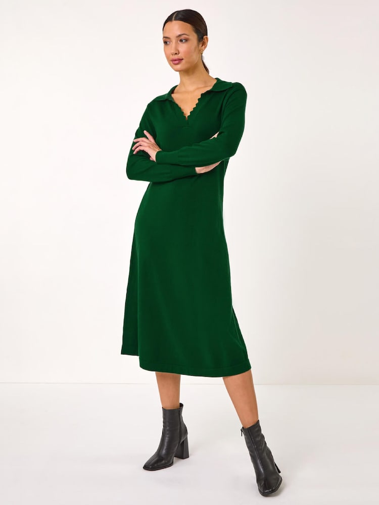 Roman Green Scallop Detail Knitted Midi Dress - Image 2 of 5 Roman Green Scallop Detail Knitted Midi Dress - Image 2 of 5
