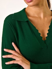 Roman Green Scallop Detail Knitted Midi Dress - Image 5 of 5