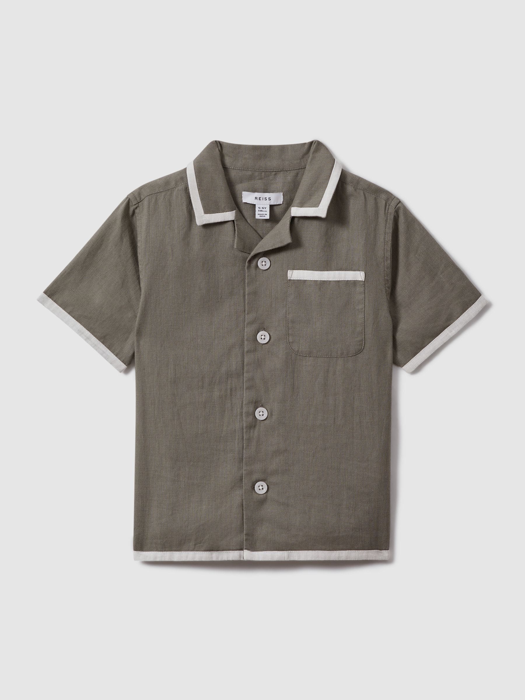 Reiss Khaki/white 9-13 Yrs Linen Contrast Cuban Collar Shirt