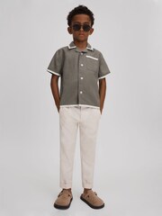 Reiss Khaki/White Vitan 13-14 yrs Linen Contrast Cuban Collar Shirt - Image 2 of 4