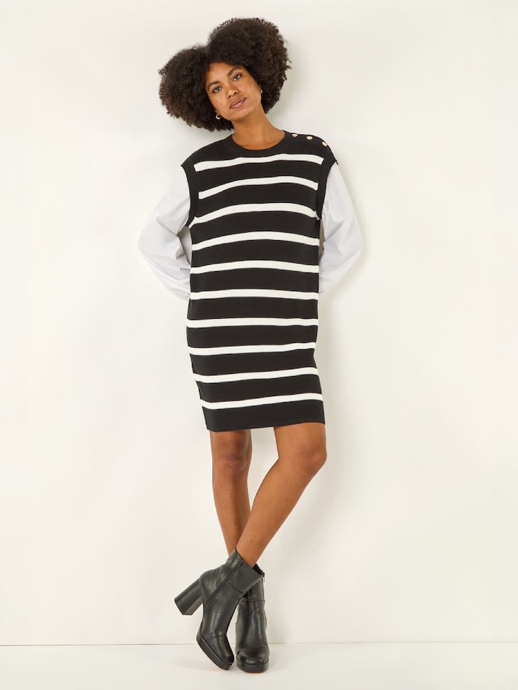 Roman Black Striped Shirt Knit Dress - Image 1 of 5