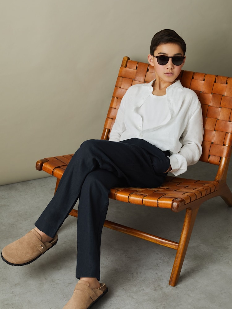 Reiss Navy Wilfred Teen Linen Drawstring Tapered Trousers - Image 2 of 4