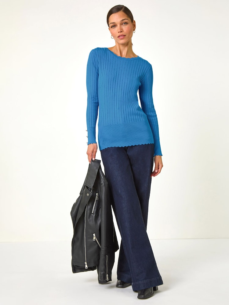 Roman Blue Button Detail Ribbed Longline Jumper - Image 2 of 5