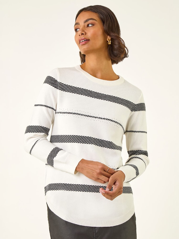 Roman White Stripe Hotfix Curved Hem Knit Jumper - Image 2 of 5