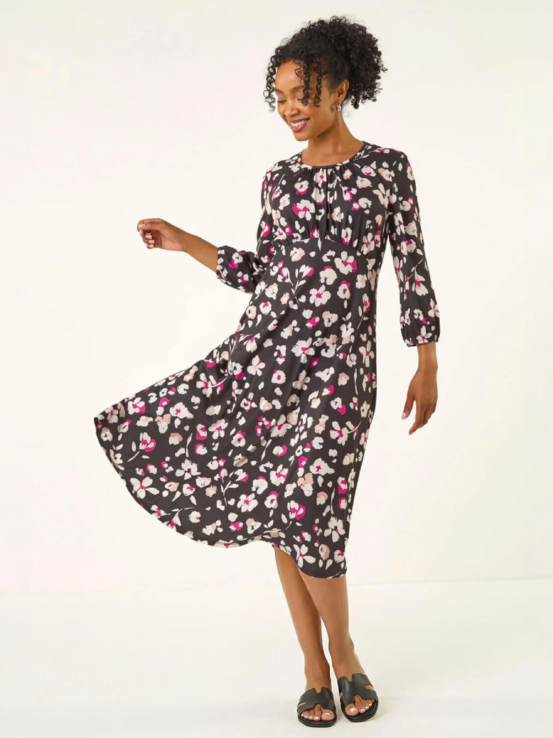 Roman Women's Black Petite Floral Gathered Midi Dress In | Size: 18 - Image 2