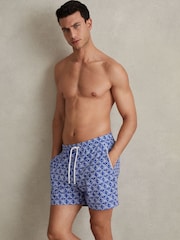 Reiss Bright Blue/White Fraser Geometric Print Drawstring Swim Shorts - Image 1 of 6