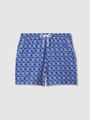 Reiss Bright Blue/White Fraser Geometric Print Drawstring Swim Shorts - Image 2 of 6