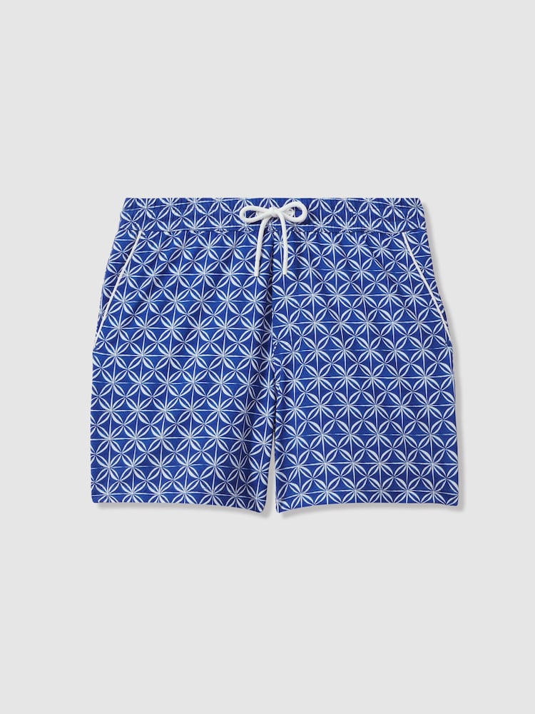 Reiss Bright Blue/White Fraser Geometric Print Drawstring Swim Shorts - Image 2 of 6