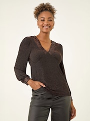 Roman Brown Brillo Sequin V-Neck Top - Image 1 of 5