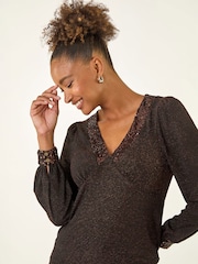 Roman Brown Brillo Sequin V-Neck Top - Image 2 of 5