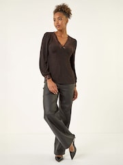 Roman Brown Brillo Sequin V-Neck Top - Image 3 of 5