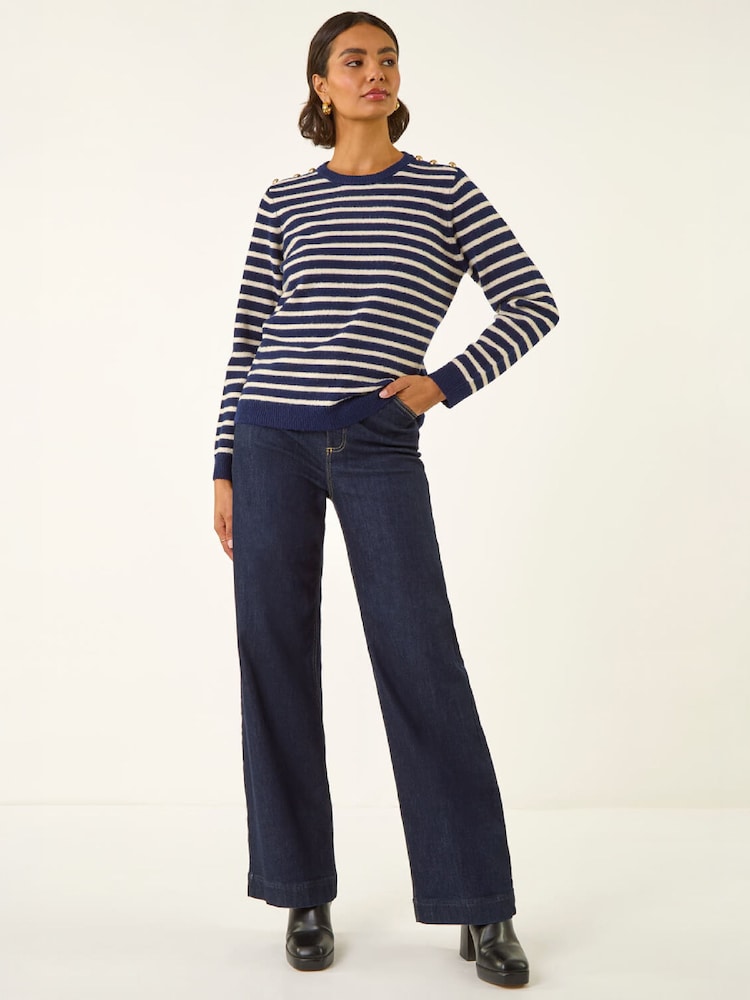 Roman Blue Stripe Buttoned Knit Jumper - Image 2 of 5