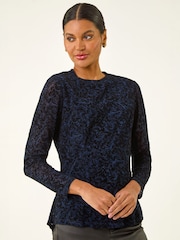 Roman Blue Flock Mesh Textured Top - Image 1 of 5