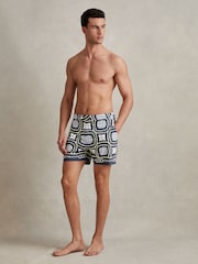 Reiss Navy Multi Palm Chain Print Swim Shorts - Image 1 of 6