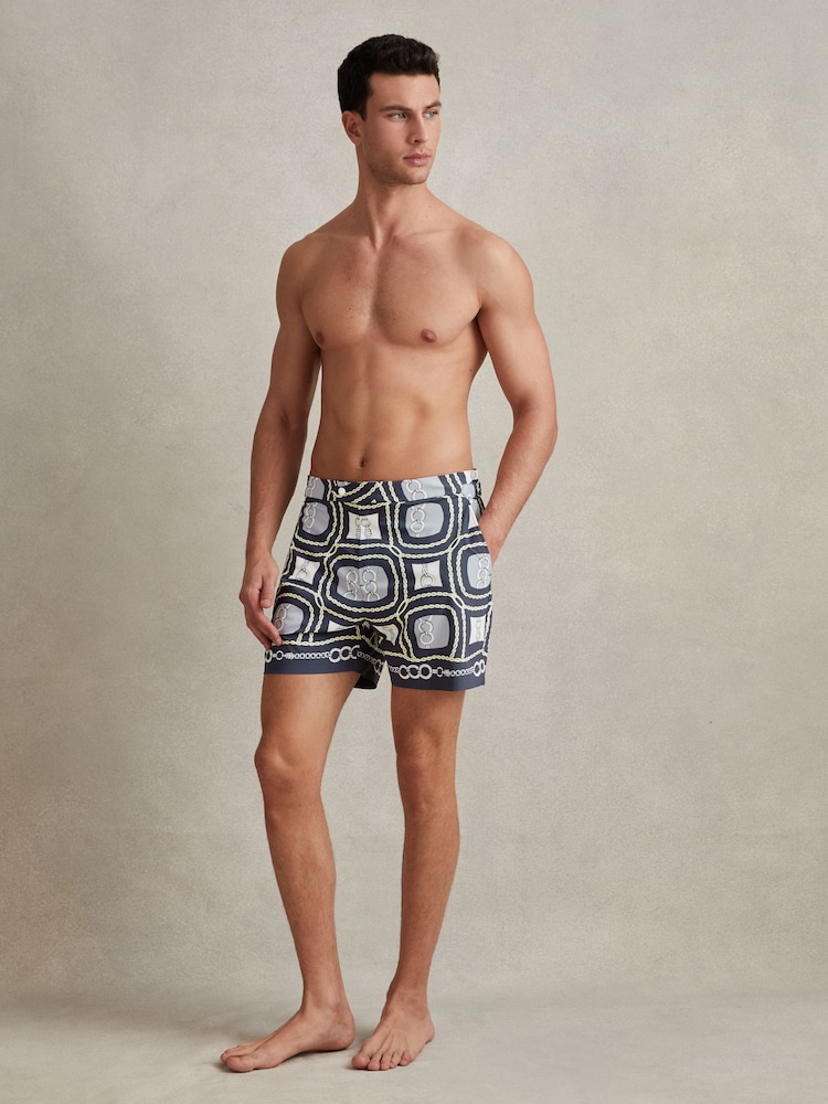Reiss Navy Multi Palm Chain Print Swim Shorts - Image 1 of 6
