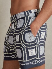 Reiss Navy Multi Palm Chain Print Swim Shorts - Image 4 of 6