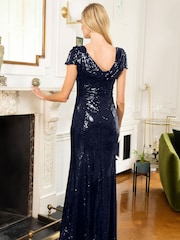 HotSquash Navy Blue Cowl Back Sequinned Fishtail Maxi Dress - Image 2 of 4