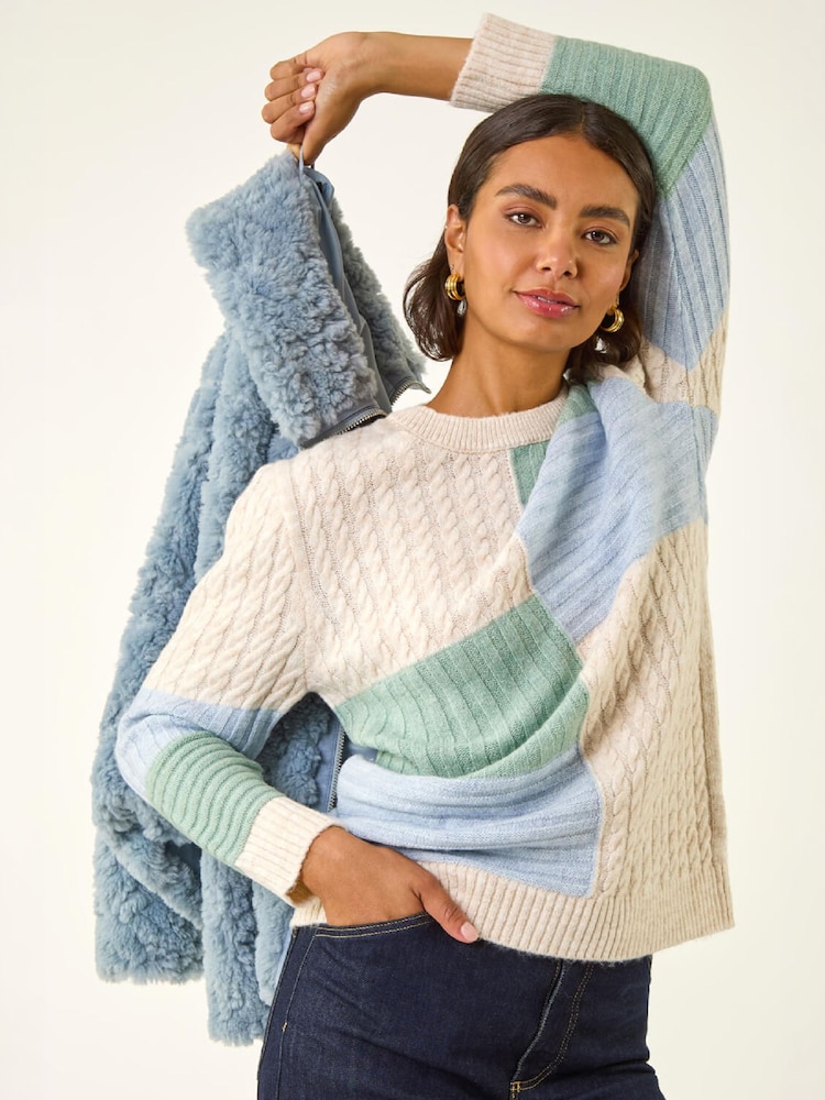 Roman White Colour Block Cable Knit Jumper - Image 1 of 5