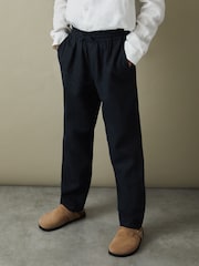 Reiss Navy Wilfred Senior Linen Drawstring Tapered Trousers - Image 1 of 4