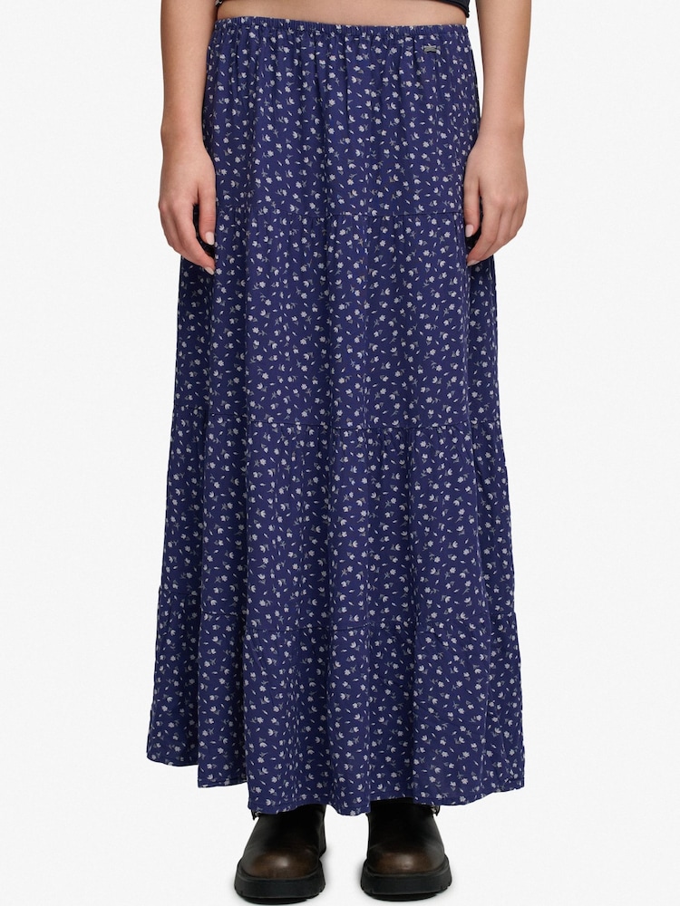 SUPERDRY Blue SUPERDRY Woven Tiered Maxi Skirt - Image 1 of 7 SUPERDRY Blue SUPERDRY Woven Tiered Maxi Skirt - Image 1 of 7