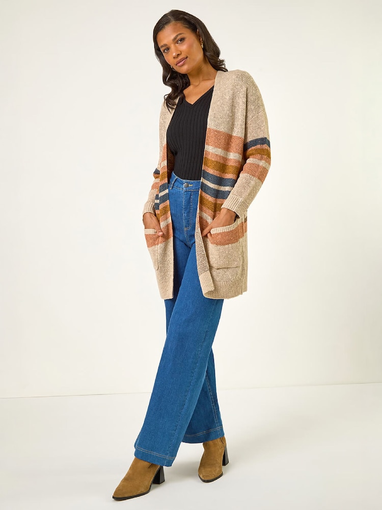 Roman Natural Stripe Knit Longline Cardigan - Image 2 of 5 Roman Natural Stripe Knit Longline Cardigan - Image 2 of 5