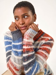 Roman Blue Fluffy Striped Curve Hem Jumper - Image 1 of 5