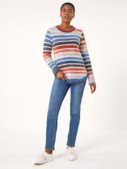 Roman Blue Fluffy Striped Curve Hem Jumper - Image 2 of 5