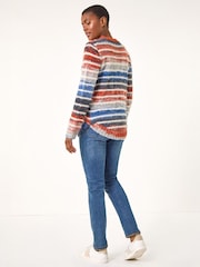 Roman Blue Fluffy Striped Curve Hem Jumper - Image 3 of 5