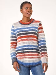 Roman Blue Fluffy Striped Curve Hem Jumper - Image 4 of 5