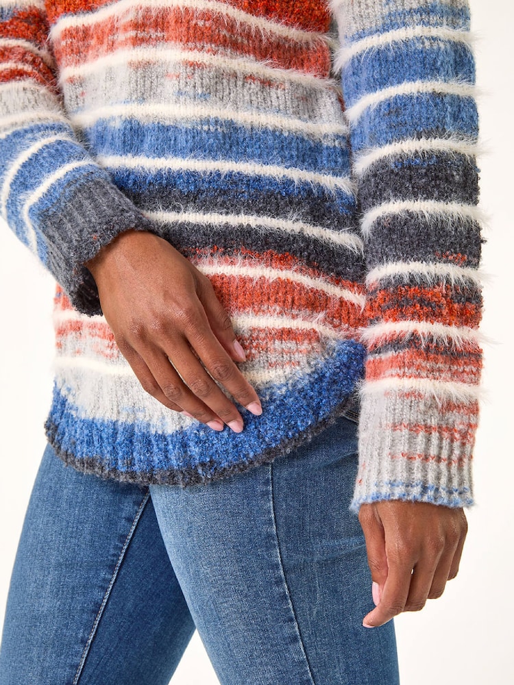 Roman Blue Fluffy Striped Curve Hem Jumper - Image 5 of 5 Roman Blue Fluffy Striped Curve Hem Jumper - Image 5 of 5