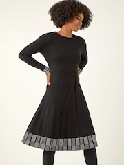 Roman Black Ribbed Stretch Knit Border Print Dress - Image 1 of 5