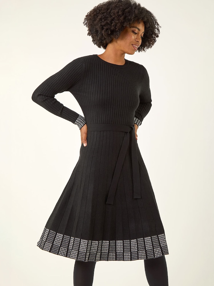 Roman Black Ribbed Stretch Knit Border Print Dress - Image 1 of 5 Roman Black Ribbed Stretch Knit Border Print Dress - Image 1 of 5