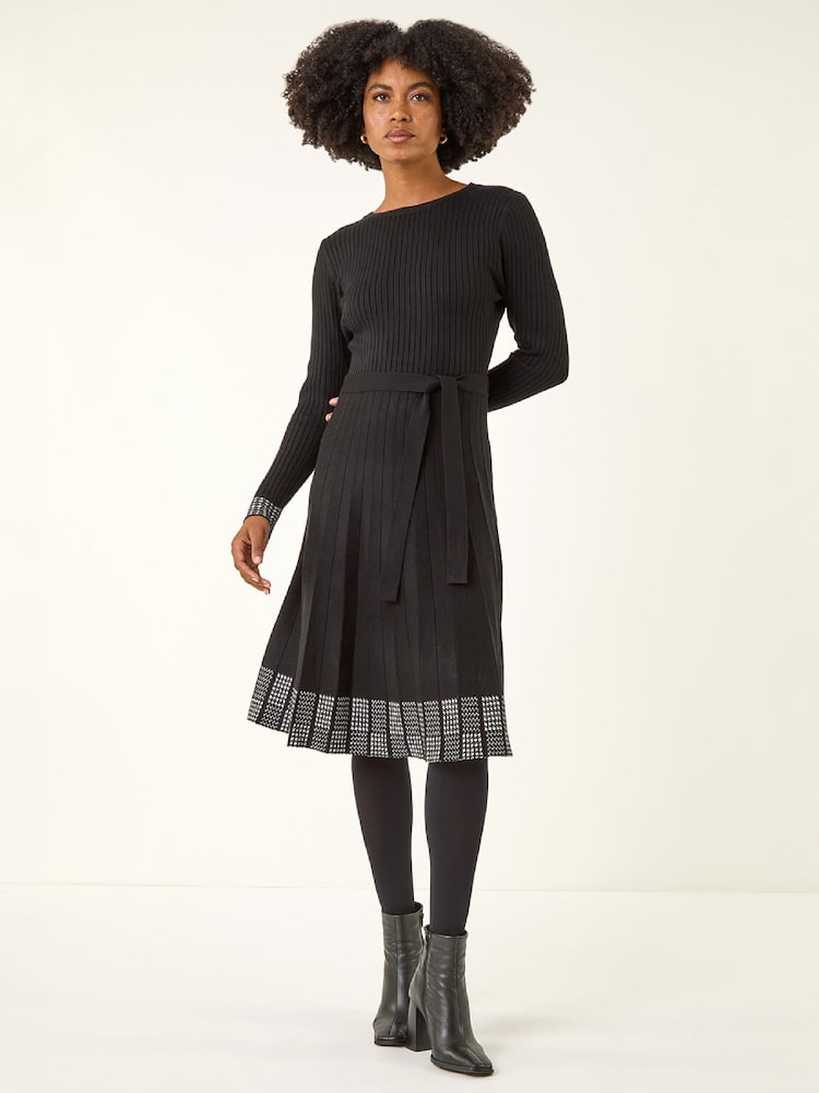 Roman Black Ribbed Stretch Knit Border Print Dress - Image 2 of 5 Roman Black Ribbed Stretch Knit Border Print Dress - Image 2 of 5