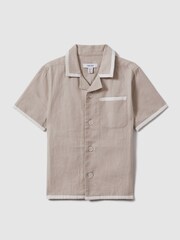 Reiss Stone/White Vitan 13-14 yrs Linen Contrast Cuban Collar Shirt - Image 1 of 4