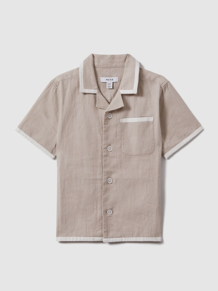 Reiss Stone/White Vitan 13-14 yrs Linen Contrast Cuban Collar Shirt - Image 1 of 4