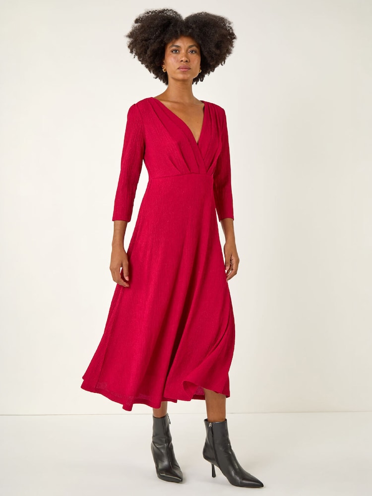 Roman Red Textured Wrap Midi Dress - Image 1 of 5 Roman Red Textured Wrap Midi Dress - Image 1 of 5