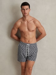 Reiss Navy/White Fraser Geometric Print Drawstring Swim Shorts - Image 1 of 6