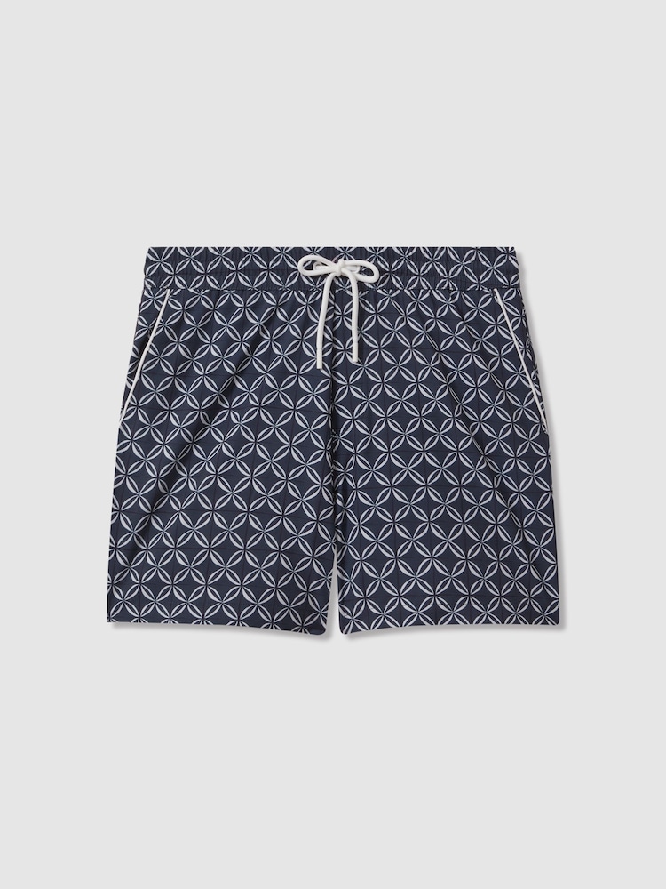 Reiss Navy/White Fraser Geometric Print Drawstring Swim Shorts - Image 2 of 6