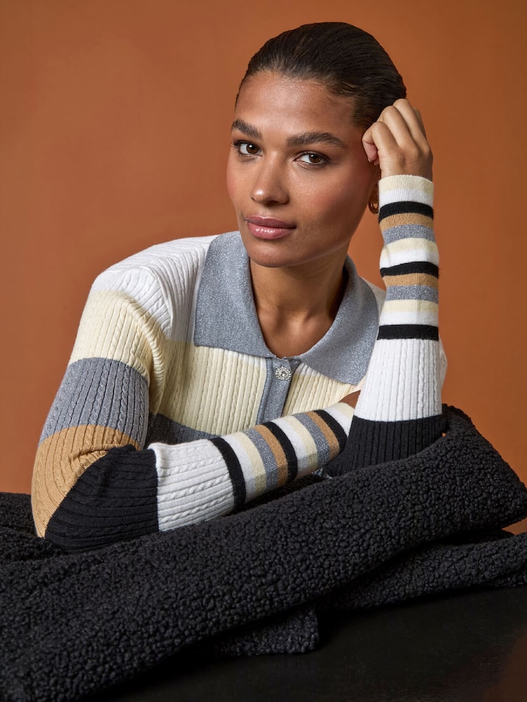 Roman White Stripe Collar Buttoned Knit Top - Image 1 of 6