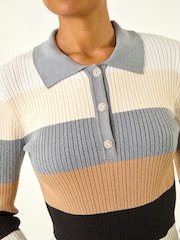 Roman White Stripe Collar Buttoned Knit Top - Image 5 of 6