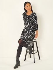 Roman Black Petite Polka Dot Gathered Stretch Dress - Image 1 of 5