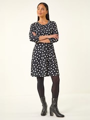 Roman Black Petite Polka Dot Gathered Stretch Dress - Image 2 of 5